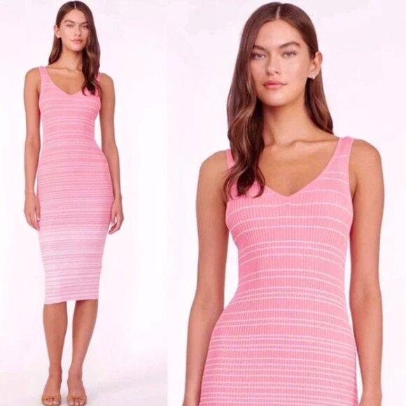 NWOT Staud Dana Dress Pink White Striped Ribbed Knit MIDI V-Neck Sleeveless XS - Picture 1 of 9